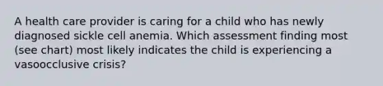 A health care provider is caring for a child who has newly diagnosed sickle cell anemia. Which assessment finding most (see chart) most likely indicates the child is experiencing a vasoocclusive crisis?