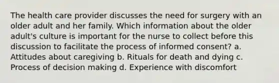 The health care provider discusses the need for surgery with an older adult and her family. Which information about the older adult's culture is important for the nurse to collect before this discussion to facilitate the process of informed consent? a. Attitudes about caregiving b. Rituals for death and dying c. Process of decision making d. Experience with discomfort