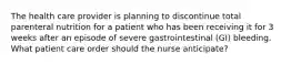 The health care provider is planning to discontinue total parenteral nutrition for a patient who has been receiving it for 3 weeks after an episode of severe gastrointestinal (GI) bleeding. What patient care order should the nurse anticipate?