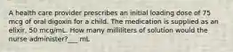 A health care provider prescribes an initial loading dose of 75 mcg of oral digoxin for a child. The medication is supplied as an elixir, 50 mcg/mL. How many milliliters of solution would the nurse administer?___ mL