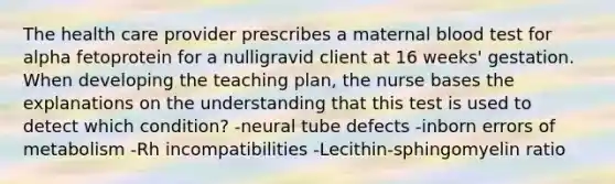 The health care provider prescribes a maternal blood test for alpha fetoprotein for a nulligravid client at 16 weeks' gestation. When developing the teaching plan, the nurse bases the explanations on the understanding that this test is used to detect which condition? -neural tube defects -inborn errors of metabolism -Rh incompatibilities -Lecithin-sphingomyelin ratio