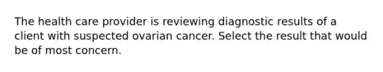 The health care provider is reviewing diagnostic results of a client with suspected ovarian cancer. Select the result that would be of most concern.