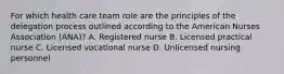 For which health care team role are the principles of the delegation process outlined according to the American Nurses Association (ANA)? A. Registered nurse B. Licensed practical nurse C. Licensed vocational nurse D. Unlicensed nursing personnel