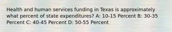 Health and human services funding in Texas is approximately what percent of state expenditures? A: 10-15 Percent B: 30-35 Percent C: 40-45 Percent D: 50-55 Percent