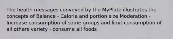 The health messages conveyed by the MyPlate illustrates the concepts of Balance - Calorie and portion size Moderation - Increase consumption of some groups and limit consumption of all others variety - consume all foods