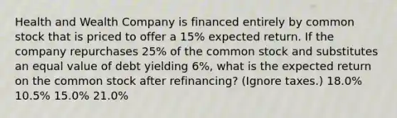 Health and Wealth Company is financed entirely by common stock that is priced to offer a 15% expected return. If the company repurchases 25% of the common stock and substitutes an equal value of debt yielding 6%, what is the expected return on the common stock after refinancing? (Ignore taxes.) 18.0% 10.5% 15.0% 21.0%