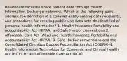 Healthcare facilities share patient data through Health Information Exchange networks. Which of the following pairs address the definition of a covered entity among data recipients, and procedures for creating public use data sets de-identified of personal health information? 1. Health Insurance Portability and Accountability Act (HIPAA) and Safe Harbor conventions 2. Affordable Care Act (ACA) and Health Insurance Portability and Accountability Act (HIPAA) 3. Safe Harbor conventions and the Consolidated Omnibus Budget Reconciliation Act (COBRA) 4. Health Information Technology for Economic and Clinical Health Act (HITECH) and Affordable Care Act (ACA)