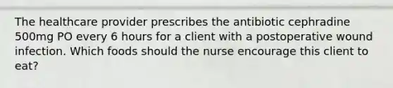 The healthcare provider prescribes the antibiotic cephradine 500mg PO every 6 hours for a client with a postoperative wound infection. Which foods should the nurse encourage this client to eat?