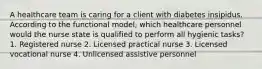 A healthcare team is caring for a client with diabetes insipidus. According to the functional model, which healthcare personnel would the nurse state is qualified to perform all hygienic tasks? 1. Registered nurse 2. Licensed practical nurse 3. Licensed vocational nurse 4. Unlicensed assistive personnel