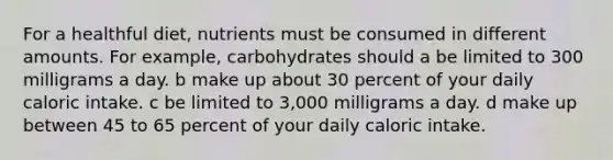 For a healthful diet, nutrients must be consumed in different amounts. For example, carbohydrates should a be limited to 300 milligrams a day. b make up about 30 percent of your daily caloric intake. c be limited to 3,000 milligrams a day. d make up between 45 to 65 percent of your daily caloric intake.