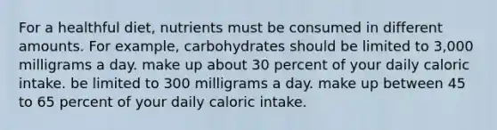 For a healthful diet, nutrients must be consumed in different amounts. For example, carbohydrates should be limited to 3,000 milligrams a day. make up about 30 percent of your daily caloric intake. be limited to 300 milligrams a day. make up between 45 to 65 percent of your daily caloric intake.