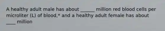 A healthy adult male has about ______ million red blood cells per microliter (L) of blood,* and a healthy adult female has about ____ million