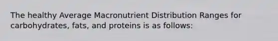 The healthy Average Macronutrient Distribution Ranges for carbohydrates, fats, and proteins is as follows: