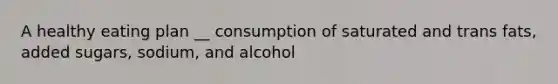 A healthy eating plan __ consumption of saturated and trans fats, added sugars, sodium, and alcohol