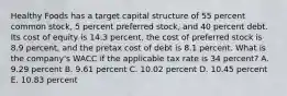 Healthy Foods has a target capital structure of 55 percent common stock, 5 percent preferred stock, and 40 percent debt. Its cost of equity is 14.3 percent, the cost of preferred stock is 8.9 percent, and the pretax cost of debt is 8.1 percent. What is the company's WACC if the applicable tax rate is 34 percent? A. 9.29 percent B. 9.61 percent C. 10.02 percent D. 10.45 percent E. 10.83 percent