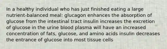 In a healthy individual who has just finished eating a large nutrient-balanced meal: glucagon enhances the absorption of glucose from the intestinal tract insulin increases the excretion of glucose in the urine blood plasma will have an increased concentration of fats, glucose, and amino acids insulin decreases the entrance of glucose into most tissue cells