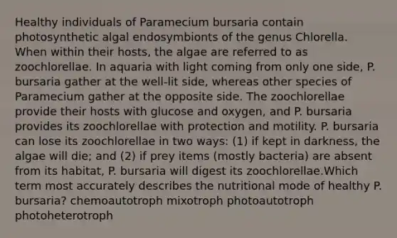 Healthy individuals of Paramecium bursaria contain photosynthetic algal endosymbionts of the genus Chlorella. When within their hosts, the algae are referred to as zoochlorellae. In aquaria with light coming from only one side, P. bursaria gather at the well-lit side, whereas other species of Paramecium gather at the opposite side. The zoochlorellae provide their hosts with glucose and oxygen, and P. bursaria provides its zoochlorellae with protection and motility. P. bursaria can lose its zoochlorellae in two ways: (1) if kept in darkness, the algae will die; and (2) if prey items (mostly bacteria) are absent from its habitat, P. bursaria will digest its zoochlorellae.Which term most accurately describes the nutritional mode of healthy P. bursaria? chemoautotroph mixotroph photoautotroph photoheterotroph