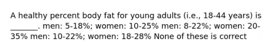 A healthy percent body fat for young adults (i.e., 18-44 years) is _______. men: 5-18%; women: 10-25% men: 8-22%; women: 20-35% men: 10-22%; women: 18-28% None of these is correct