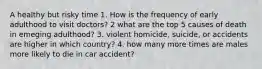 A healthy but risky time 1. How is the frequency of early adulthood to visit doctors? 2 what are the top 5 causes of death in emeging adulthood? 3. violent homicide, suicide, or accidents are higher in which country? 4. how many more times are males more likely to die in car accident?