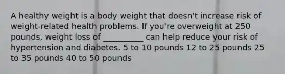 A healthy weight is a body weight that doesn't increase risk of weight-related health problems. If you're overweight at 250 pounds, weight loss of __________ can help reduce your risk of hypertension and diabetes. 5 to 10 pounds 12 to 25 pounds 25 to 35 pounds 40 to 50 pounds