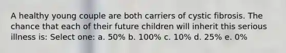 A healthy young couple are both carriers of cystic fibrosis. The chance that each of their future children will inherit this serious illness is: Select one: a. 50% b. 100% c. 10% d. 25% e. 0%