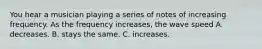 You hear a musician playing a series of notes of increasing frequency. As the frequency increases, the wave speed A. decreases. B. stays the same. C. increases.