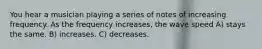 You hear a musician playing a series of notes of increasing frequency. As the frequency increases, the wave speed A) stays the same. B) increases. C) decreases.