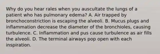 Why do you hear rales when you auscultate the lungs of a patient who has pulmonary edema? A. Air trapped by bronchoconstriction is escaping the alveoli. B. Mucus plugs and inflammation decrease the diameter of the bronchioles, causing turbulence. C. Inflammation and pus cause turbulence as air fills the alveoli. D. The terminal airways pop open with each inspiration.