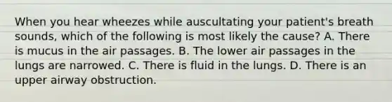 When you hear wheezes while auscultating your​ patient's breath​ sounds, which of the following is most likely the​ cause? A. There is mucus in the air passages. B. The lower air passages in the lungs are narrowed. C. There is fluid in the lungs. D. There is an upper airway obstruction.