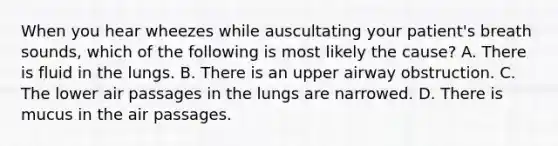 When you hear wheezes while auscultating your​ patient's breath​ sounds, which of the following is most likely the​ cause? A. There is fluid in the lungs. B. There is an upper airway obstruction. C. The lower air passages in the lungs are narrowed. D. There is mucus in the air passages.