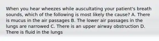 When you hear wheezes while auscultating your patient's breath sounds, which of the following is most likely the cause? A. There is mucus in the air passages B. The lower air passages in the lungs are narrowed C. There is an upper airway obstruction D. There is fluid in the lungs