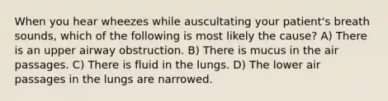 When you hear wheezes while auscultating your patient's breath sounds, which of the following is most likely the cause? A) There is an upper airway obstruction. B) There is mucus in the air passages. C) There is fluid in the lungs. D) The lower air passages in the lungs are narrowed.