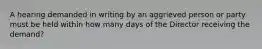 A hearing demanded in writing by an aggrieved person or party must be held within how many days of the Director receiving the demand?