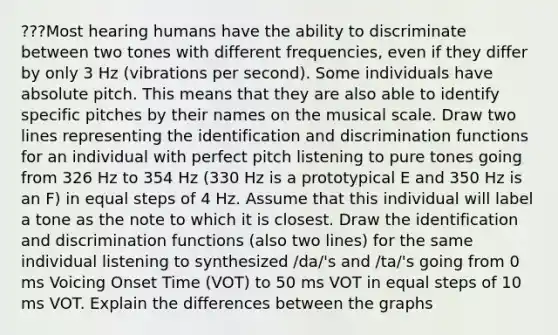 ???Most hearing humans have the ability to discriminate between two tones with different frequencies, even if they differ by only 3 Hz (vibrations per second). Some individuals have absolute pitch. This means that they are also able to identify specific pitches by their names on the musical scale. Draw two lines representing the identification and discrimination functions for an individual with perfect pitch listening to pure tones going from 326 Hz to 354 Hz (330 Hz is a prototypical E and 350 Hz is an F) in equal steps of 4 Hz. Assume that this individual will label a tone as the note to which it is closest. Draw the identification and discrimination functions (also two lines) for the same individual listening to synthesized /da/'s and /ta/'s going from 0 ms Voicing Onset Time (VOT) to 50 ms VOT in equal steps of 10 ms VOT. Explain the differences between the graphs