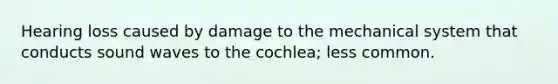 Hearing loss caused by damage to the mechanical system that conducts sound waves to the cochlea; less common.