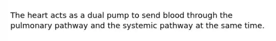 The heart acts as a dual pump to send blood through the pulmonary pathway and the systemic pathway at the same time.