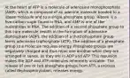 At the heart of ATP is a molecule of adenosine monophosphate (AMP), which is composed of an adenine molecule bonded to a ribose molecule and to a single phosphate group. Ribose is a five-carbon sugar found in RNA, and AMP is one of the nucleotides in RNA. The addition of a second phosphate group to this core molecule results in the formation of adenosine diphosphate (ADP); the addition of a third phosphate group forms adenosine triphosphate (ATP). The addition of a phosphate group to a molecule requires energy. Phosphate groups are negatively charged and thus repel one another when they are arranged in series, as they are in ADP and ATP. This repulsion makes the ADP and ATP molecules inherently unstable. The release of one or two phosphate groups from ATP, a process called dephosphorylation, releases energy.