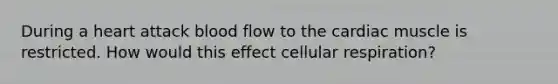 During a heart attack blood flow to the cardiac muscle is restricted. How would this effect <a href='https://www.questionai.com/knowledge/k1IqNYBAJw-cellular-respiration' class='anchor-knowledge'>cellular respiration</a>?