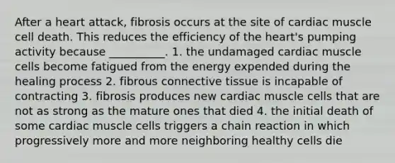 After a heart attack, fibrosis occurs at the site of cardiac muscle cell death. This reduces the efficiency of <a href='https://www.questionai.com/knowledge/kya8ocqc6o-the-heart' class='anchor-knowledge'>the heart</a>'s pumping activity because __________. 1. the undamaged cardiac muscle cells become fatigued from the energy expended during the healing process 2. fibrous <a href='https://www.questionai.com/knowledge/kYDr0DHyc8-connective-tissue' class='anchor-knowledge'>connective tissue</a> is incapable of contracting 3. fibrosis produces new cardiac muscle cells that are not as strong as the mature ones that died 4. the initial death of some cardiac muscle cells triggers a chain reaction in which progressively more and more neighboring healthy cells die