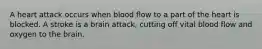 A heart attack occurs when blood flow to a part of the heart is blocked. A stroke is a brain attack, cutting off vital blood flow and oxygen to the brain.