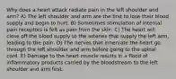 Why does a heart attack radiate pain in the left shoulder and arm? A) The left shoulder and arm are the first to lose their blood supply and begin to hurt. B) Sometimes stimulation of internal pain receptors is felt as pain from the skin. C) The heart will close off the blood supply to the arteries that supply the left arm, leading to the pain. D) The nerves that innervate the heart go through the left shoulder and arm before going to the spinal cord. E) Damage to the heart muscle results in a flood of inflammatory products carried by the bloodstream to the left shoulder and arm first.