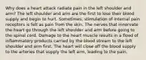 Why does a heart attack radiate pain in the left shoulder and arm? The left shoulder and arm are the first to lose their blood supply and begin to hurt. Sometimes, stimulation of internal pain receptors is felt as pain from the skin. The nerves that innervate the heart go through the left shoulder and arm before going to the spinal cord. Damage to the heart muscle results in a flood of inflammatory products carried by the blood stream to the left shoulder and arm first. The heart will close off the blood supply to the arteries that supply the left arm, leading to the pain.