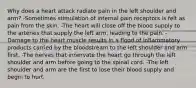 Why does a heart attack radiate pain in the left shoulder and arm? -Sometimes stimulation of internal pain receptors is felt as pain from the skin. -The heart will close off the blood supply to the arteries that supply the left arm, leading to the pain. -Damage to the heart muscle results in a flood of inflammatory products carried by the bloodstream to the left shoulder and arm first. -The nerves that innervate the heart go through the left shoulder and arm before going to the spinal cord. -The left shoulder and arm are the first to lose their blood supply and begin to hurt.