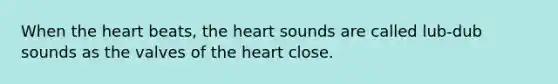 When <a href='https://www.questionai.com/knowledge/kya8ocqc6o-the-heart' class='anchor-knowledge'>the heart</a> beats, the heart sounds are called lub-dub sounds as the valves of the heart close.