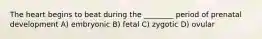 The heart begins to beat during the ________ period of prenatal development A) embryonic B) fetal C) zygotic D) ovular