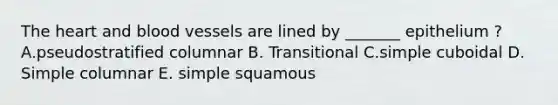 <a href='https://www.questionai.com/knowledge/kya8ocqc6o-the-heart' class='anchor-knowledge'>the heart</a> and <a href='https://www.questionai.com/knowledge/kZJ3mNKN7P-blood-vessels' class='anchor-knowledge'>blood vessels</a> are lined by _______ epithelium ? A.pseudostratified columnar B. Transitional C.simple cuboidal D. Simple columnar E. simple squamous
