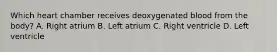 Which heart chamber receives deoxygenated blood from the body? A. Right atrium B. Left atrium C. Right ventricle D. Left ventricle