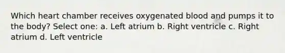 Which heart chamber receives oxygenated blood and pumps it to the body? Select one: a. Left atrium b. Right ventricle c. Right atrium d. Left ventricle