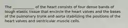 The ____________ of the heart consists of four dense bands of tough elastic tissue that encircle the heart valves and the bases of the pulmonary trunk and aorta stabilizing the positions of the heart valves and ventricular muscle cells.