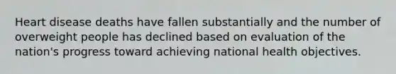 Heart disease deaths have fallen substantially and the number of overweight people has declined based on evaluation of the nation's progress toward achieving national health objectives.